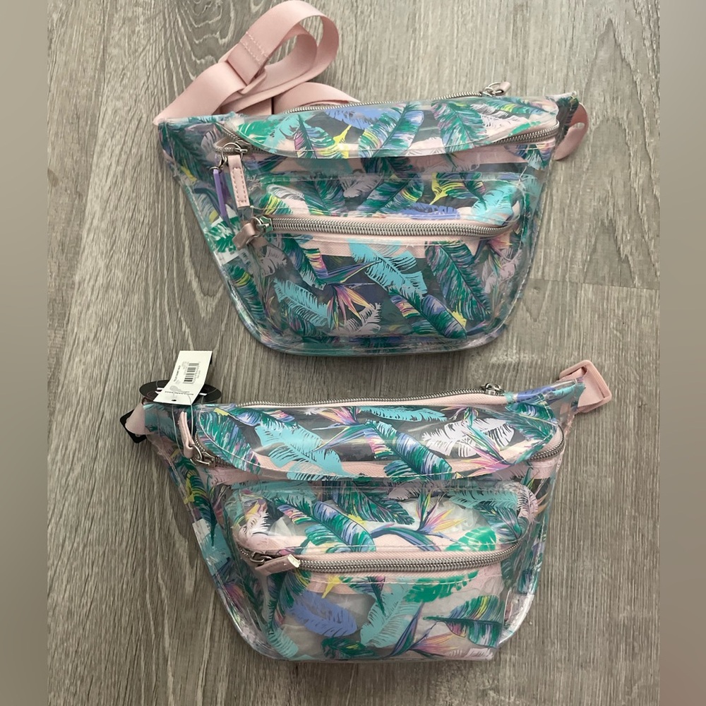 2 Matching Fanny Pack Zipper Bags w/Transparent Paisley Tropical Leaves Pattern